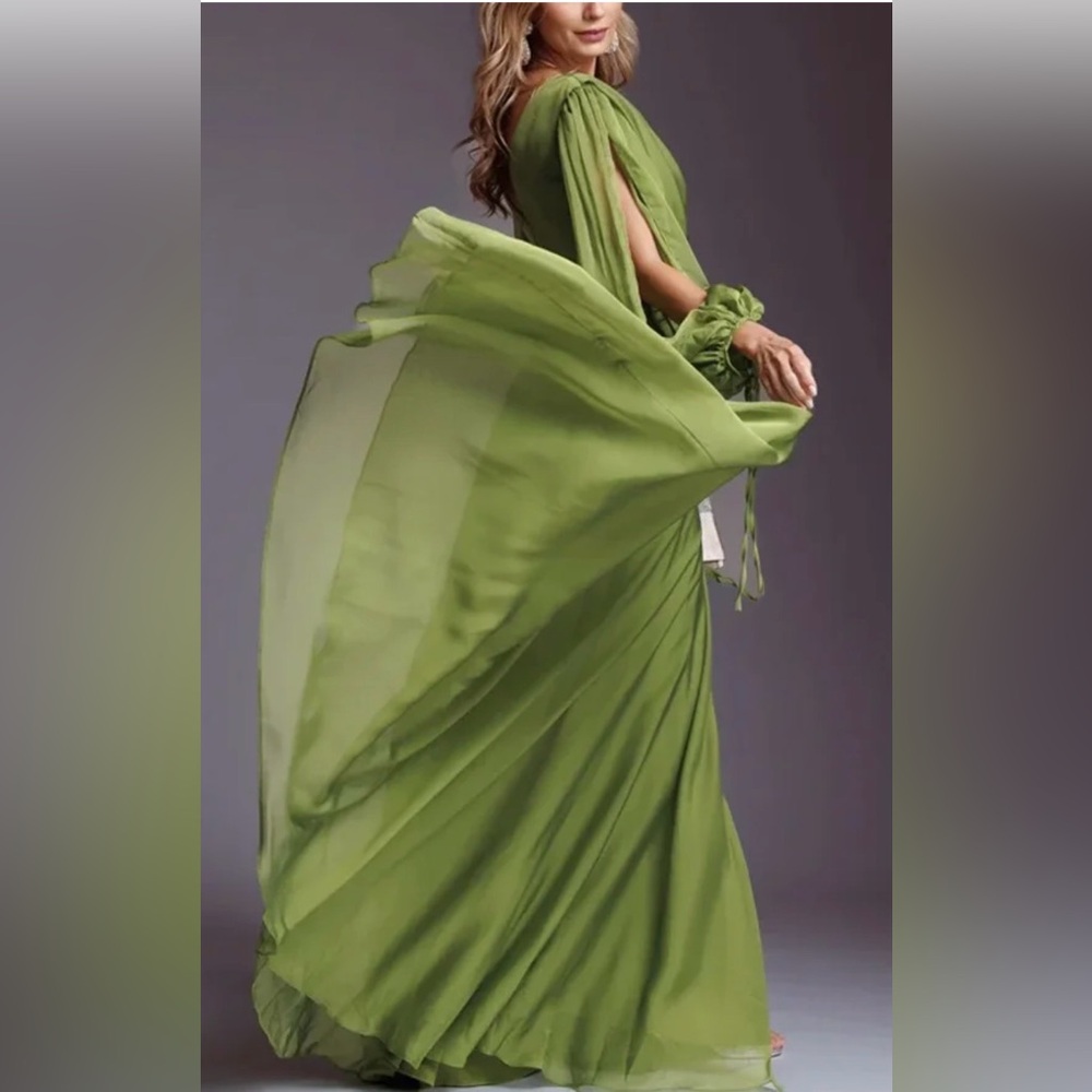Elegant Chiffon Solid Color Long Slit Puff Sleeve Maxi Dress - Picture 3 of 14